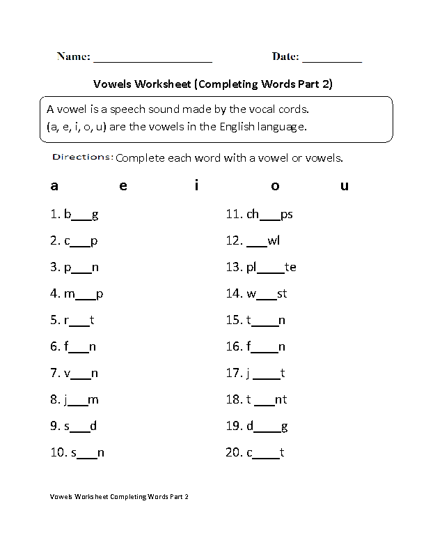 Vowels Worksheets | Completing Words Vowels Worksheet Part 2 | Vowel