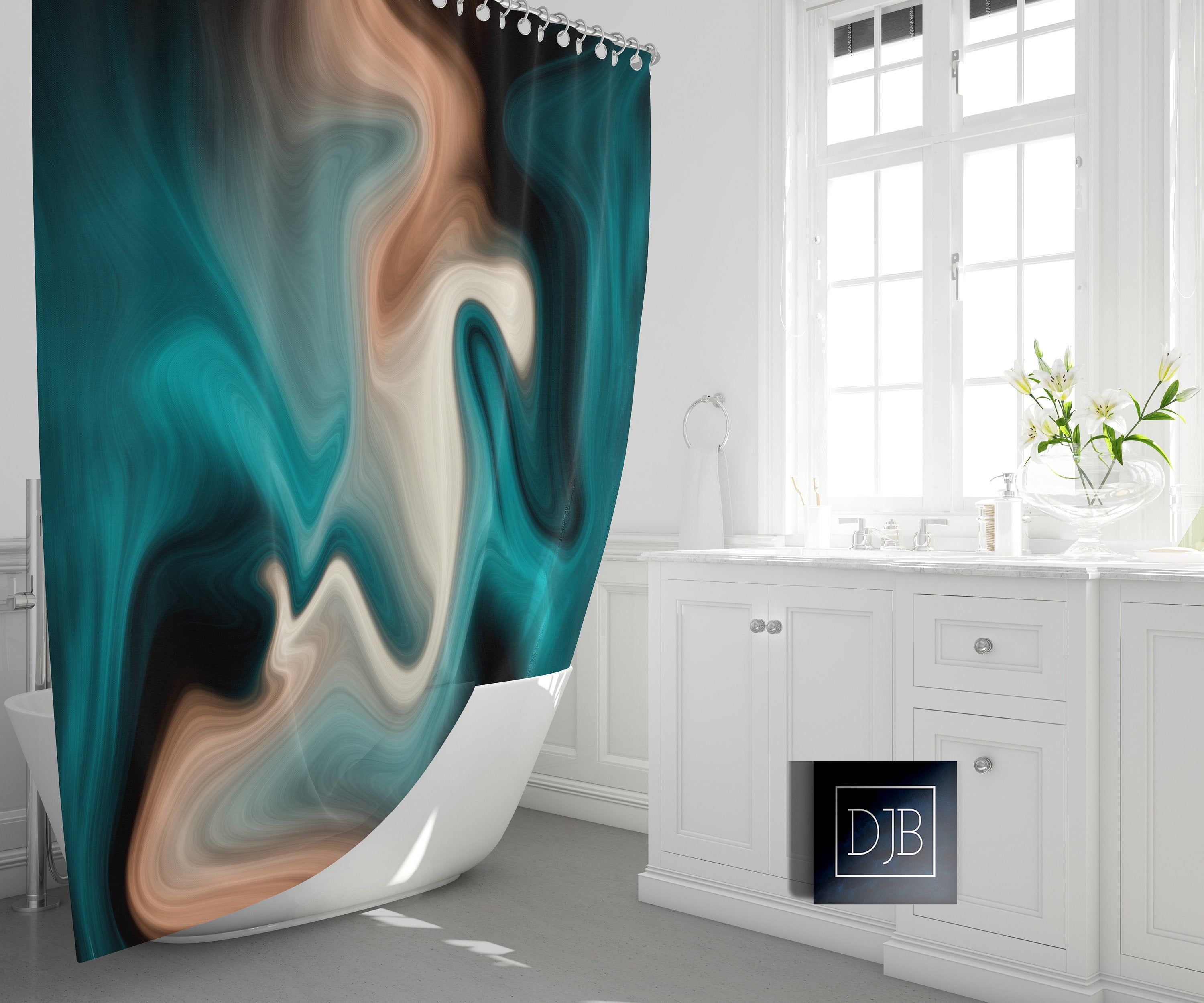 Blue and Tan Smoke Swirl Shower Curtain Soft Abstract Design