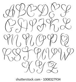 Hand Drawn Alphabet Calligraphy Letters Heart Stock Vector (Royalty Free) 1008327934 Tattoo Lettering Styles, Hand Lettering Alphabet, Alphabet Design, Calligraphy Alphabet, Calligraphy Tattoo, Calligraphy Letters Alphabet, Alphabet Board, Calligraphy Handwriting, Handwriting Tattoos