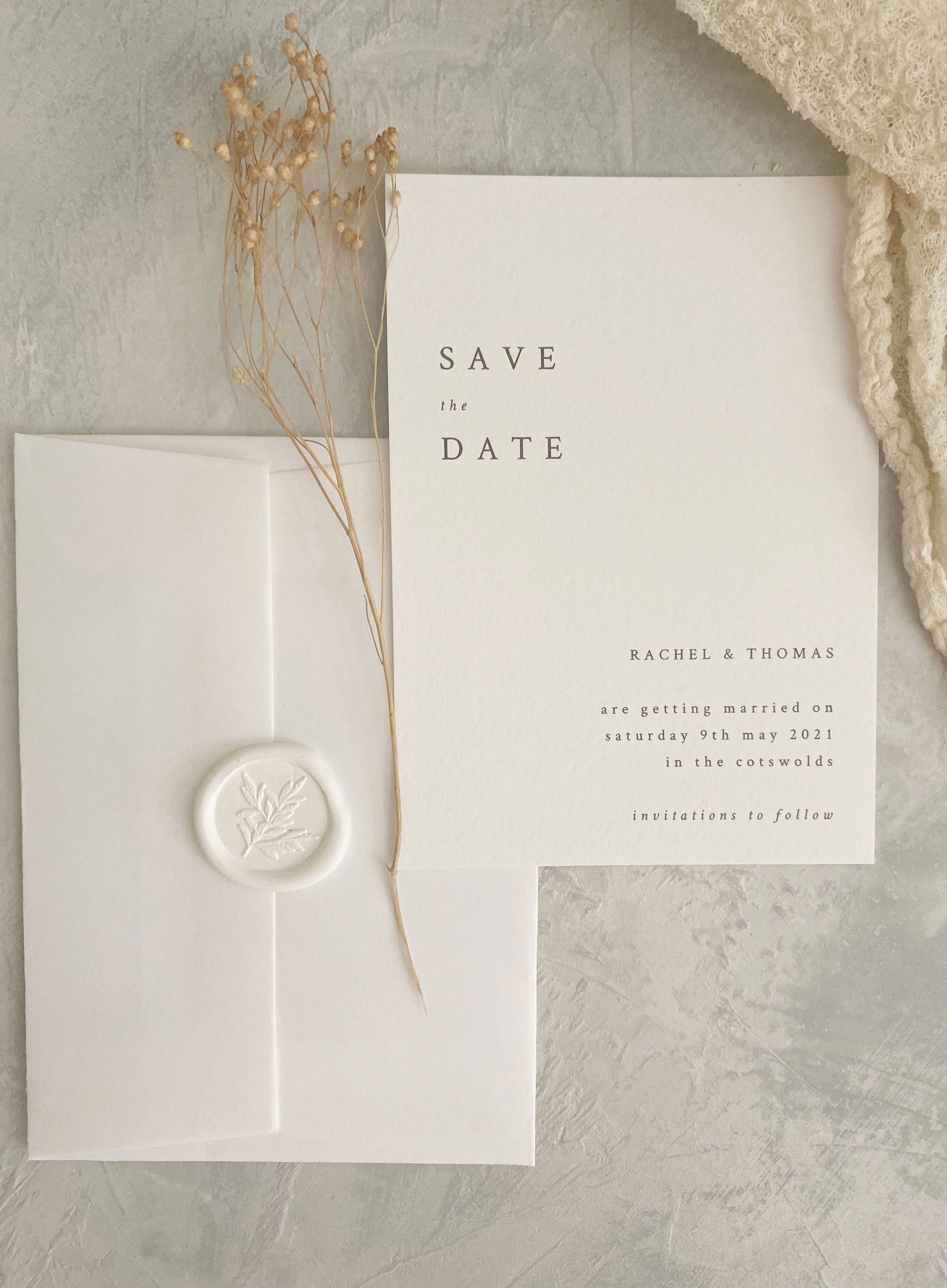 Modern save the date card with envelope and floral waxs