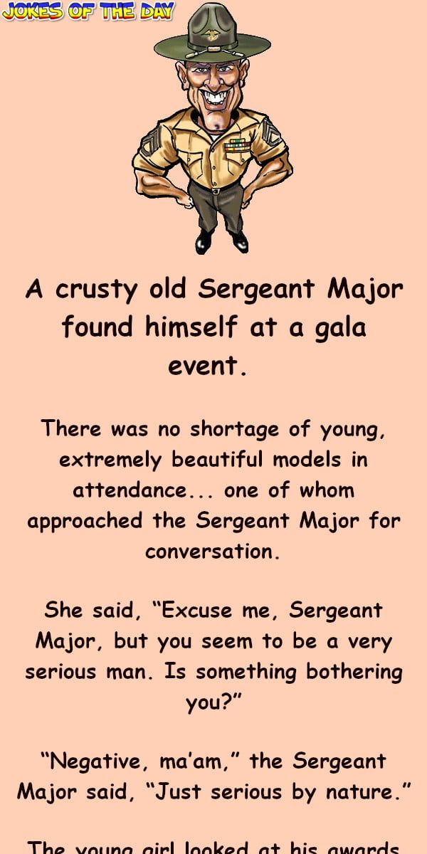 Funny Joke: A crusty old Sergeant Major found himself at a gala event. There was no shortage of young, extremely beautiful models in attendance... one of whom Funniest Short Jokes, Funny Long Jokes, Funny Jokes And Riddles, Clean Funny Jokes, Funny Cartoon Quotes, Extremely Funny Jokes, Fun Quotes Funny, Funny Nurse Quotes, Funny Work