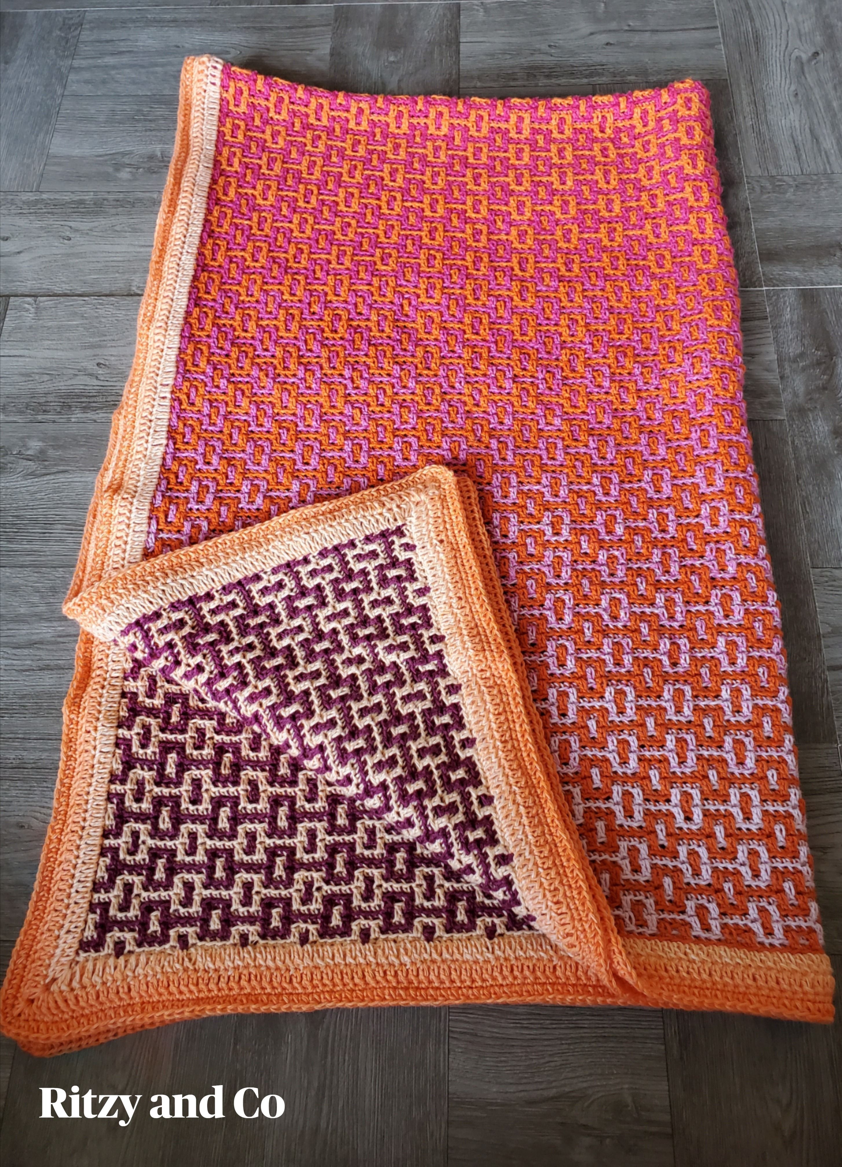 geometric crochet blanket cozy mosaic lap blanket ombre colors pink and orange blanket crochet mosaic crochet blanket chevron mosaic crochet