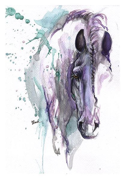 Aquarell Malerei Grau Weiss Schwarz Pferd Mit Blauem Hintergrund
