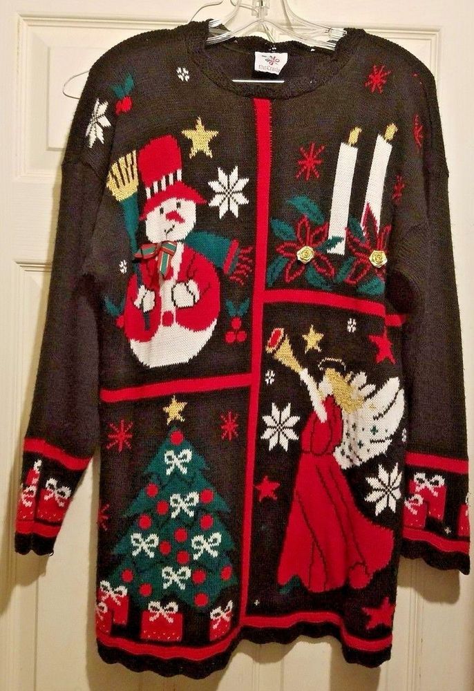 ugly christmas sweater tunic size m black long sleeves snowman angel ugly christmas sweater tunic size m black long sleeves snowman angel candle tree ugliest christmas sweaters snowman and tunics