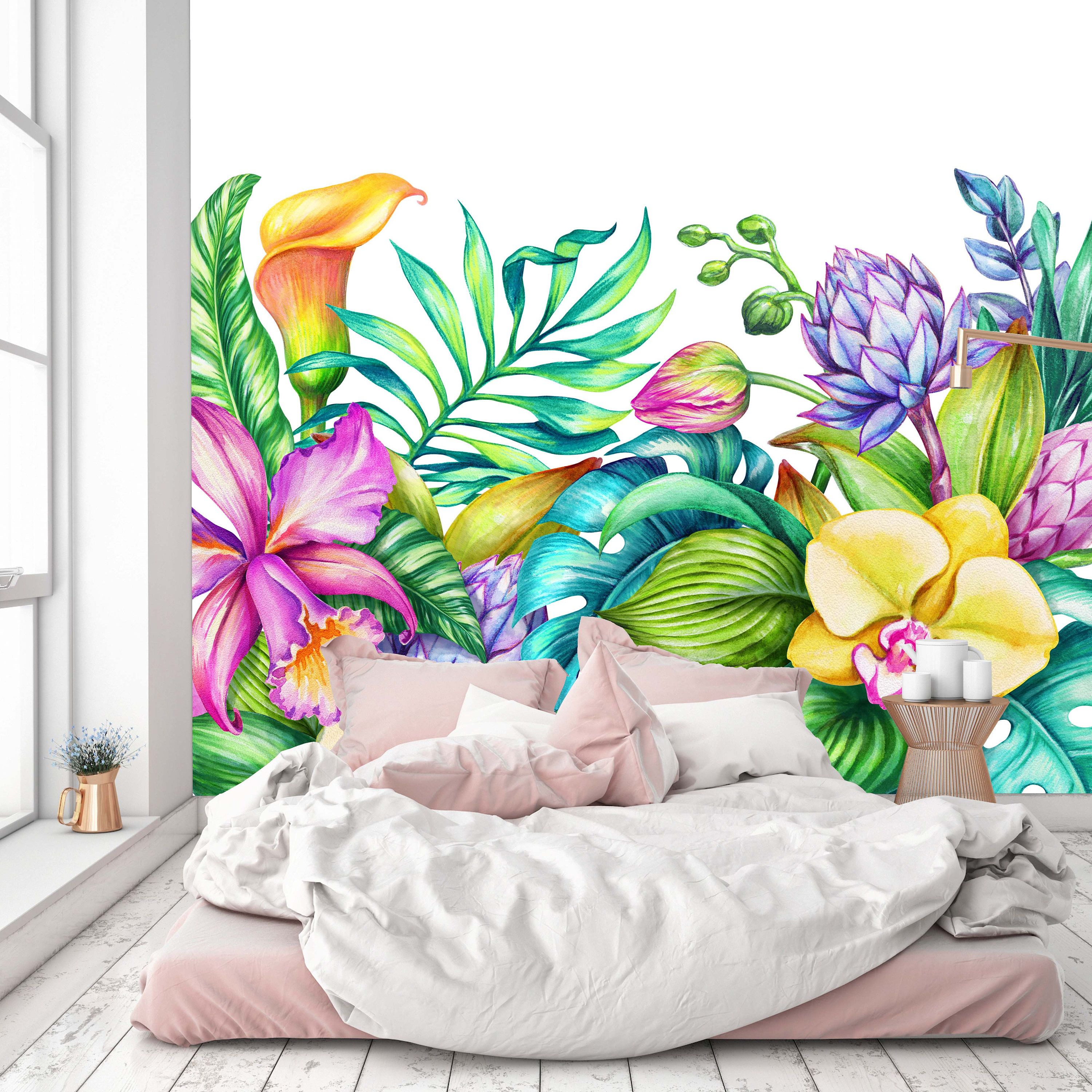 Removable Wallpaper Mural Peel Stick Paradise Nature Tropical Flowers Frame Orchid Hibiscus And Palm Leaves Flower Mural Tropical Flowers Flower Frame