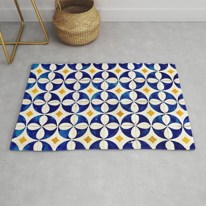 Portuguese Tiles Pattern- Azulejo Blue White and Yellow Rug Tiled Quilt, Mediterranean Tile, Yellow Tile, Blue Floor, Portuguese Tiles, Blue Design, Home Decor Kitchen, Tile Patterns, Rug Pad