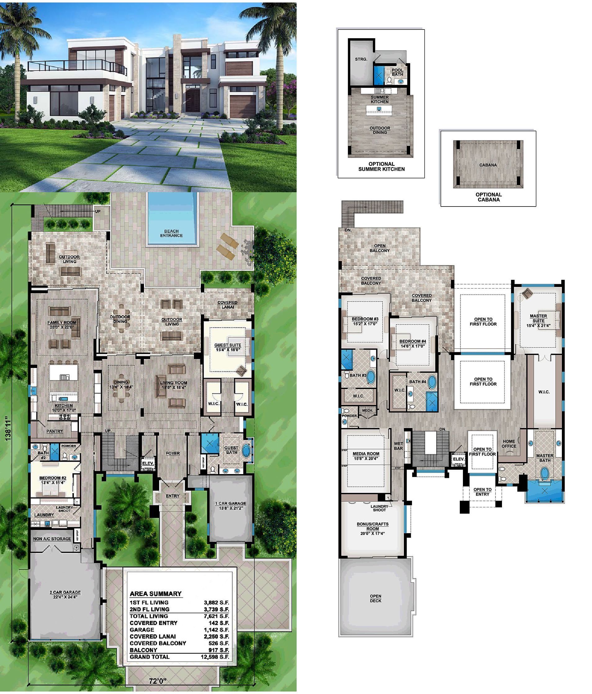 House Plan 52929 Florida Mediterranean Modern With 7621 Sq Ft 5 Bedrooms 7 Bat Plans Mansion Style Floor 5 Bedroom House Plans With Bat