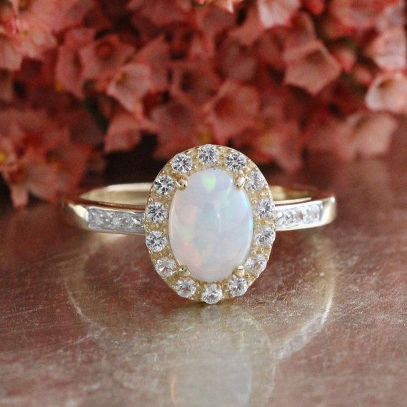 Opal Engagement Ring In 14k Yellow Gold Halo White Shire Opal Engagement Ring In Yellow Gold Halo White Shire Oval Cut Gemstone October Birthstone Size Resizable