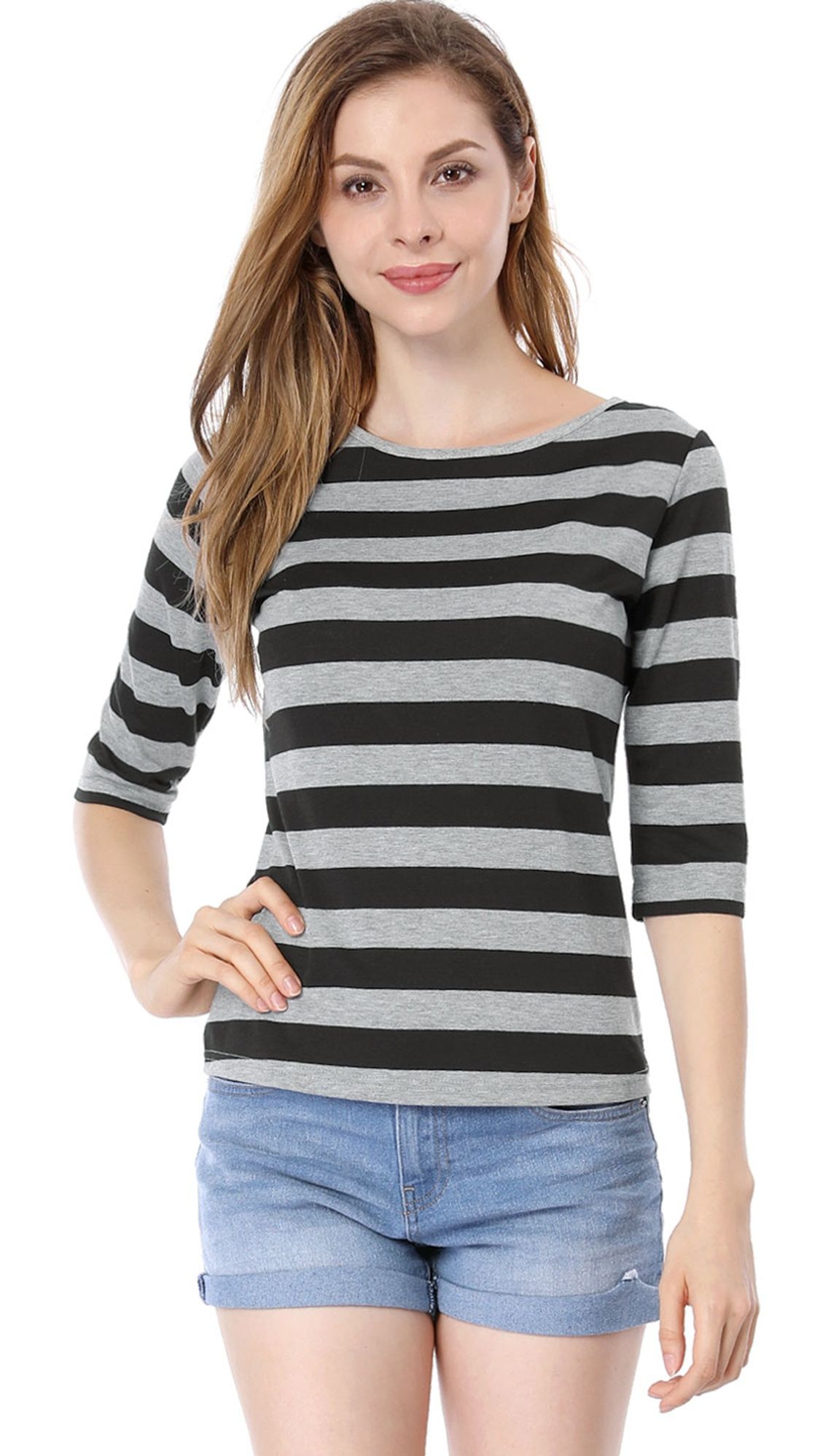 women s casual round neck elbow sleeve contrast striped allegra k clothing size chart