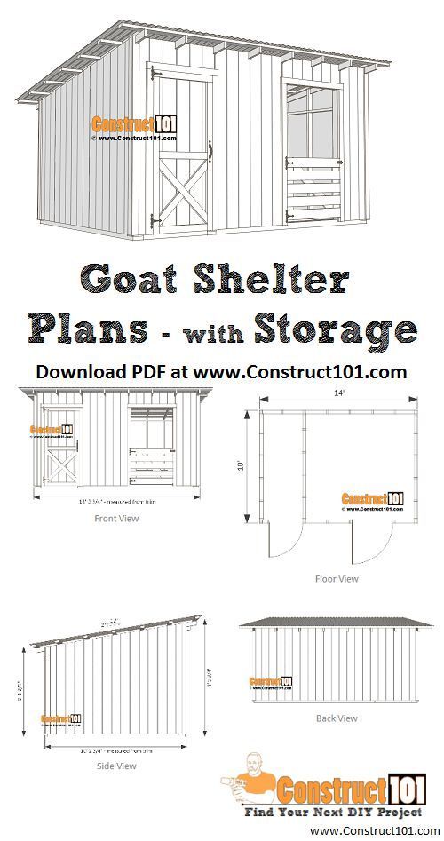 10x14 goat shelter plans with storage free PDF download, material list, step-by-step drawings, at Construct101. Backyard Farming, Chickens Backyard, Goat Playground, Playground Ideas, Pallet Playground, Goat Shelter, Sheep Shelter, Goat Shed, Goat Care