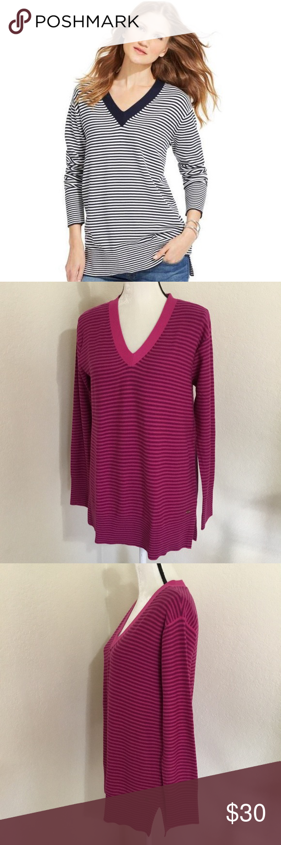 Ladies Tommy Hilfiger Block Stripe Sweater Vneck Jumper Knit Ladies Tommy Hilfiger Block Stripe Sweater Vneck Jumper Knit