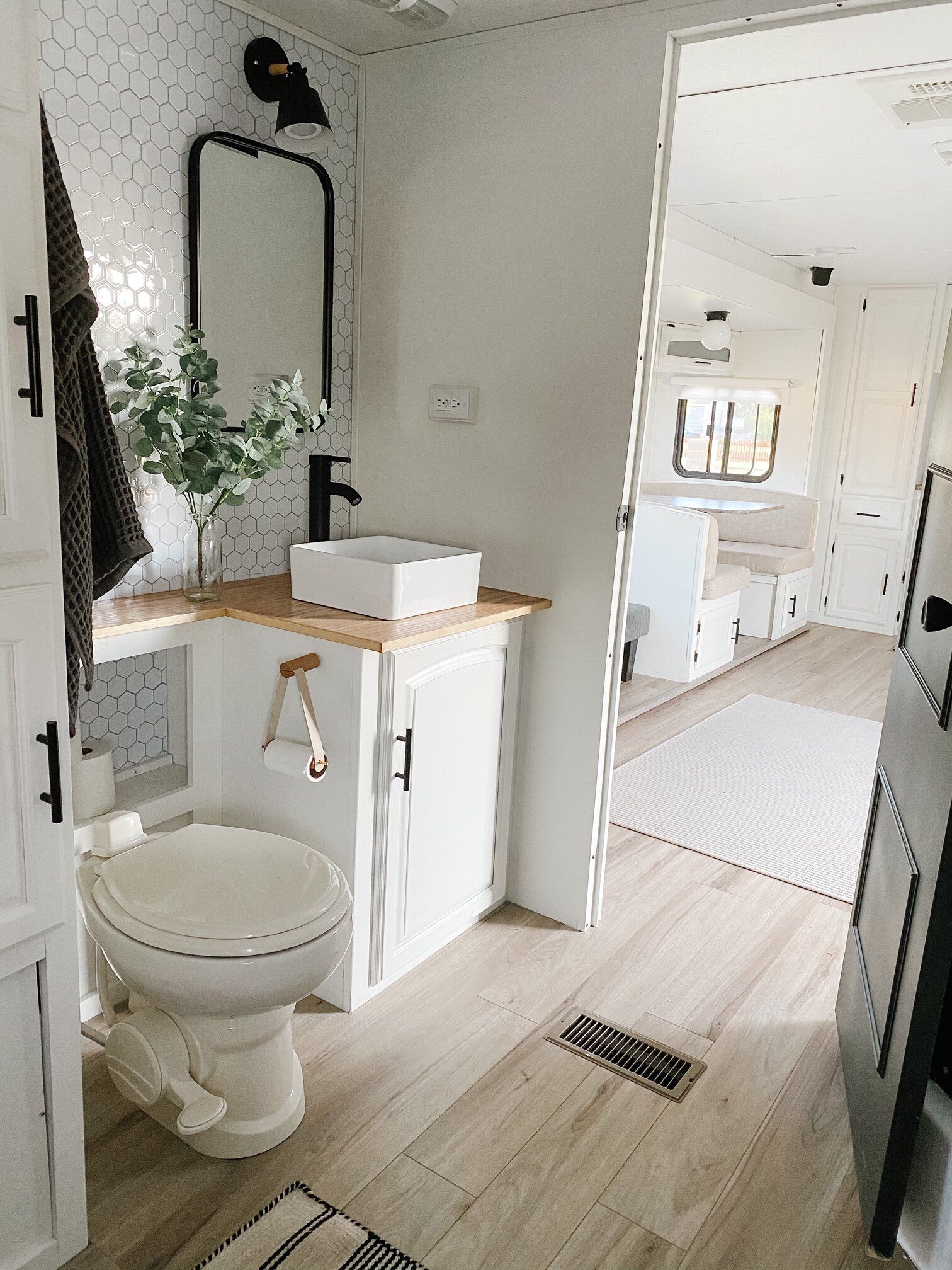 RV Before and After: Details of Bedroom and Bathroom — By Angela Rv Interior Remodel, Diy Camper Remodel, Airstream Interior, Camper Renovation, Rv Remodel, Trailer Remodel, Trailer Living, Camper Living, Rv Living