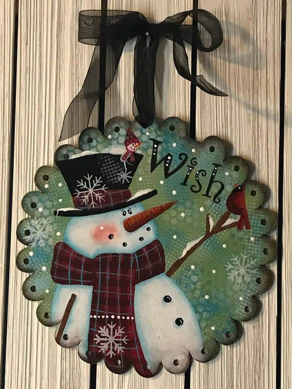 Snowman Sign, Painted Sign, Wish Sign, Round Scalloped Sign, Hanging Sign, Tole Painted, Decorative Painted, Wood Sign, Hand Painted Sign #tolepainting