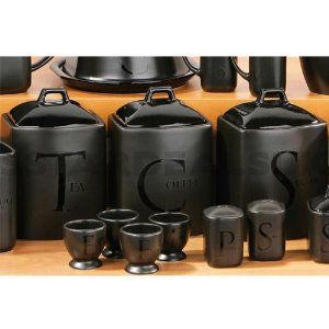 Tea Coffee Sugar Jar Set Kitchen Storage Jars 18cm High Black Ceramic Lids
