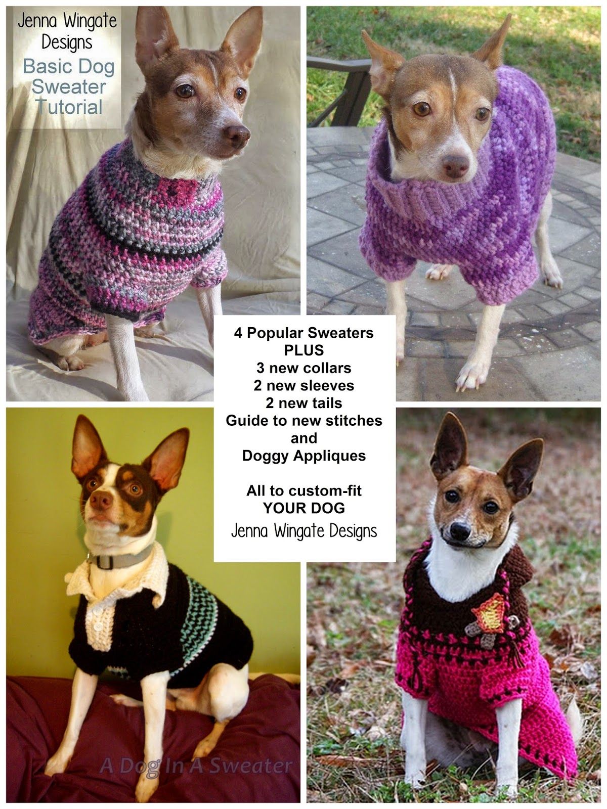 four pictures of small dogs wearing sweaters in different colors and ...