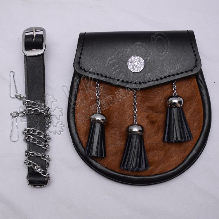 Black /& White Scottish Celtic Cowhide Sporran with Three Tassels