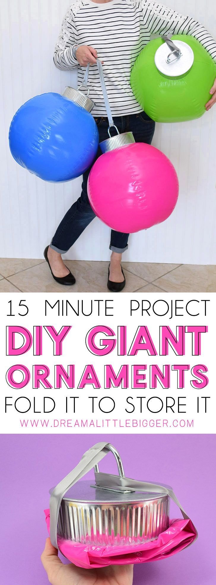 How cool are these DIY giant ornaments? They're simple to make and they fold in on themselves so you can easily store them from year to year! Giant Christmas Ornaments, Outside Christmas Decorations, Christmas Yard, Christmas Balls, Christmas Projects, Christmas Decor Diy, Christmas Lights, Christmas Holidays, Diy Large Christmas Ornaments Outdoor