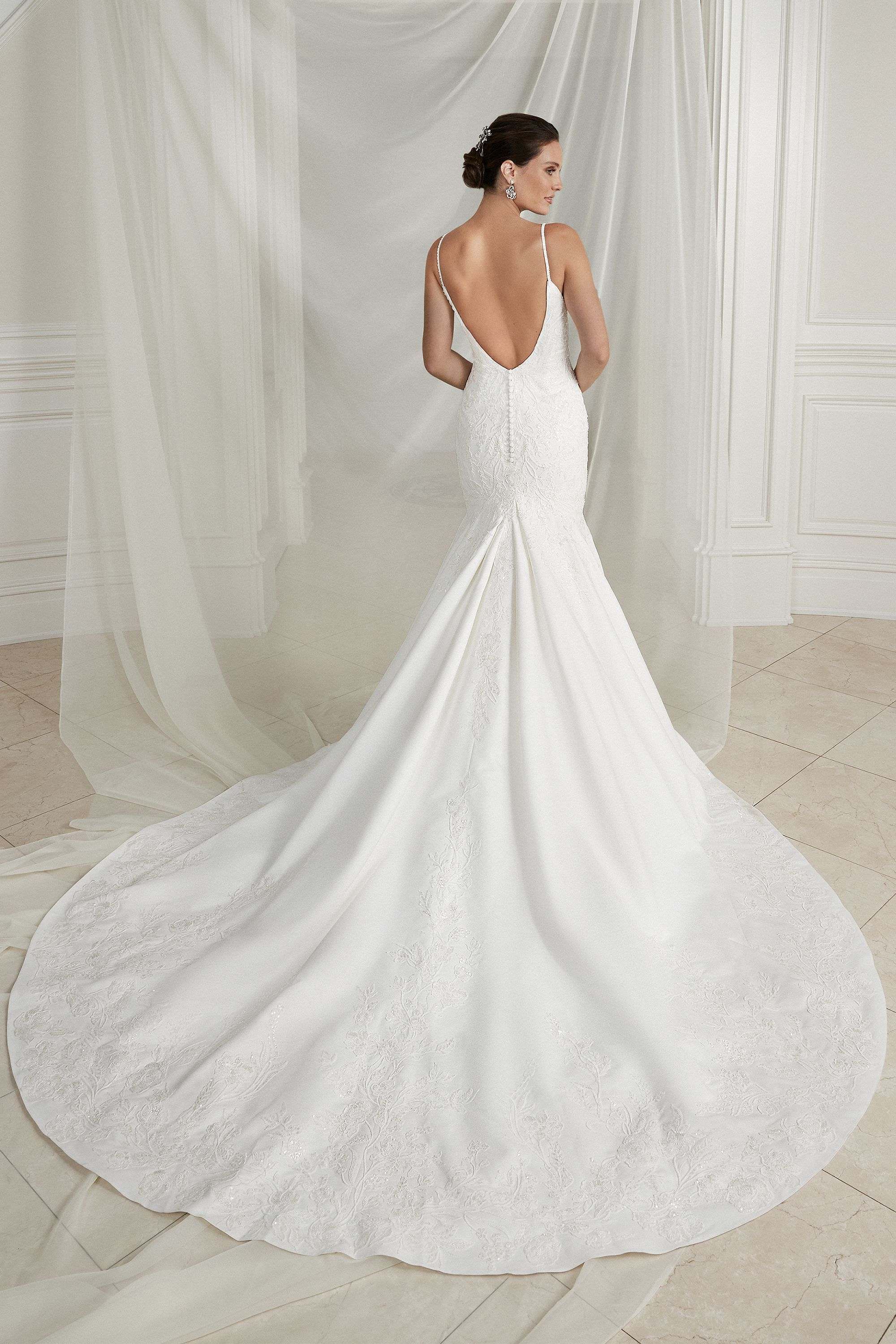 EGAN - Satin trumpet gown with plunging bikini neckline, V-side illusion insets, and beaded spaghetti straps that lead to a low V-back. Detailed with tonal beaded and sequined lace appliques that extend down skirt. Finished with satin covered buttons down back and chapel length train. Find your dream wedding dress at Charlotte's Weddings in Portland, OR Justin Alexander "88262" Wedding Dresses Beaded, Wedding Dresses Simple, Dream Wedding Dresses, Mermaid Wedding Dress, Wedding Gowns, Wedding Ideas, Lace Wedding, Wedding Planning, Wedding Inspiration