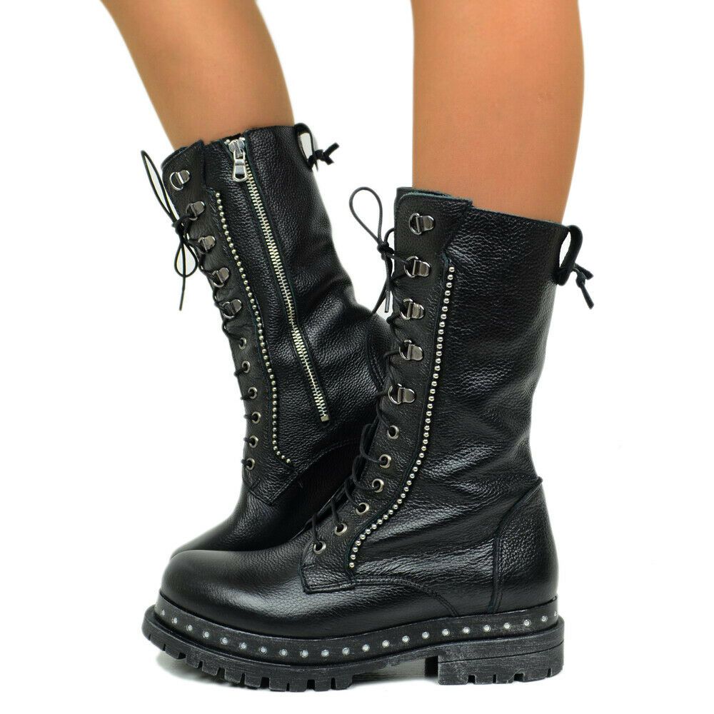 Stivali Donna Anfibi Alti Biker Moto Vera Pelle Militari Divine Follie Gf02