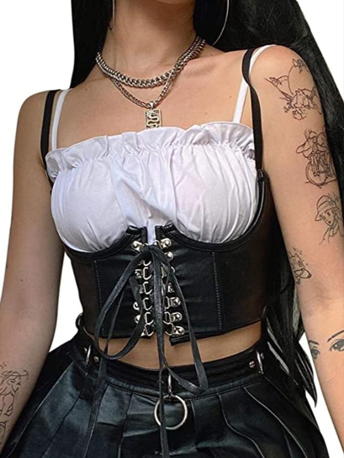 Material: 90% Polyester and 10% Spandex, Steel Boned. Features: Adjustable and detachable shoulder elastic straps, non-slip design on the inner side to prevent fall down, hidden for a smooth back. Always comfortable, show your hot side with confidence. Tips: Please Do Not Refer to The Above Size Chart Provided by Amazon. That Is Not Accurate. Please Refer to The Size Chart We Provide in The Product Description Below. Haut Corset, Corset En Cuir, Corset Noir, Corset Crop Top, Black Corset, Under Bust Corset Outfit, Leather Corset Outfit, Corset Outfits, Leather Crop Top