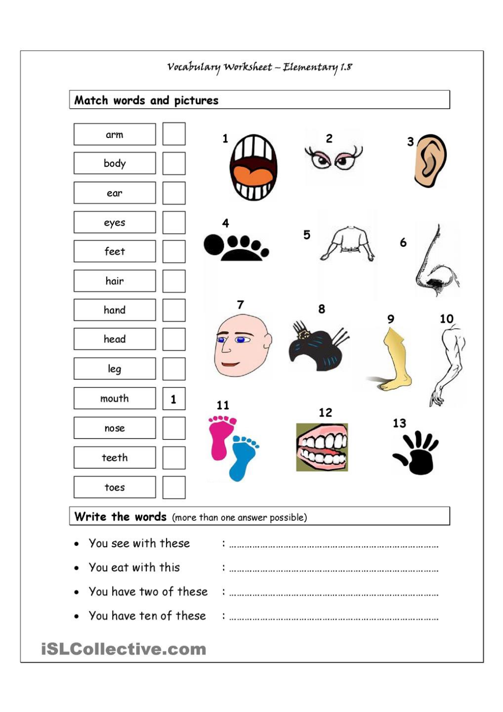 Matching worksheet