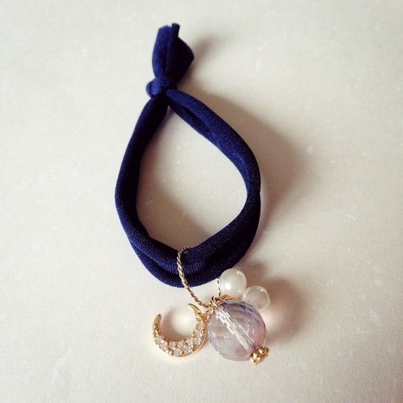 ストレッチリボンブレスレット ネイビー ムーン ブレスレット ハンドメイド アクセサリー リボン ストレッチリボンブレスレット ネイビー ムーン ブレスレット ハンドメイド アクセサリー リボン