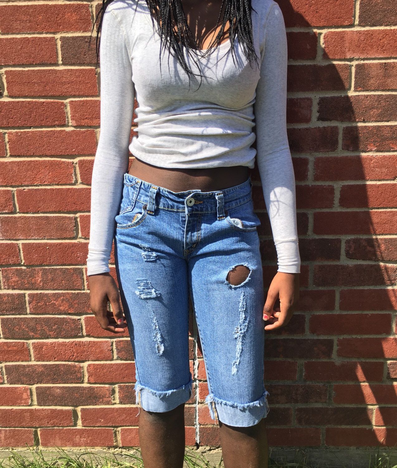 Distressed denim skirt Mini vintage destroyed Frayed Cut off High Waisted jean grunge S Small size 28 waist