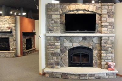 Quadrafire 7100 wood burning fireplace Boral Bucks County Limestone and Fieldstone insets