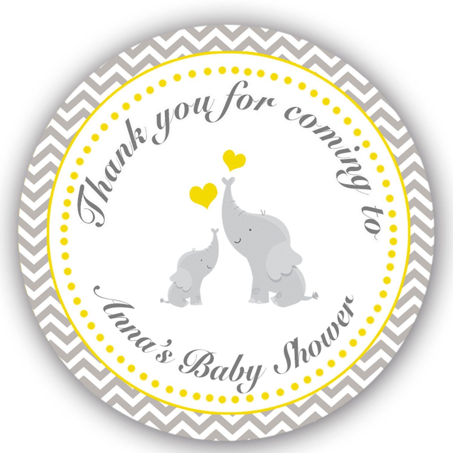 Yellow Elephant Baby Shower 20 Personalized Round Stickers 2/" Inches