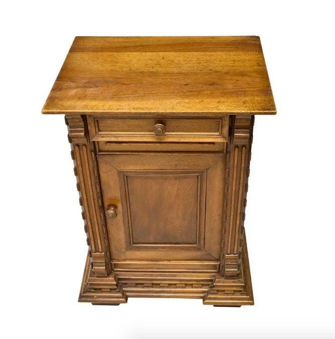 "ANTIQUE FRENCH HAND CARVED WALNUT BEDSIDE CABINET / END TABLE, 19THC. Description: Wonderfully hand crafted French walnut nightstand, from the 19th century, having a rectangular top, over single drawer and cabinet that contains an interior shelf, with turned knobs, encased in hand carved designs, rising on block feet. Dimensions: Approx 28.75\"h, 20.5\"w, 15.75\"d Condition: Excellent antique condition Wear/tear consistent with age and use. Lacking a piece of trim near the bottom of the back of Walnut Bedside Cabinet, Walnut Nightstand, Plant Art, Brutalist, Walnut Wood, Antique Furniture, French Antiques, End Tables, Knobs