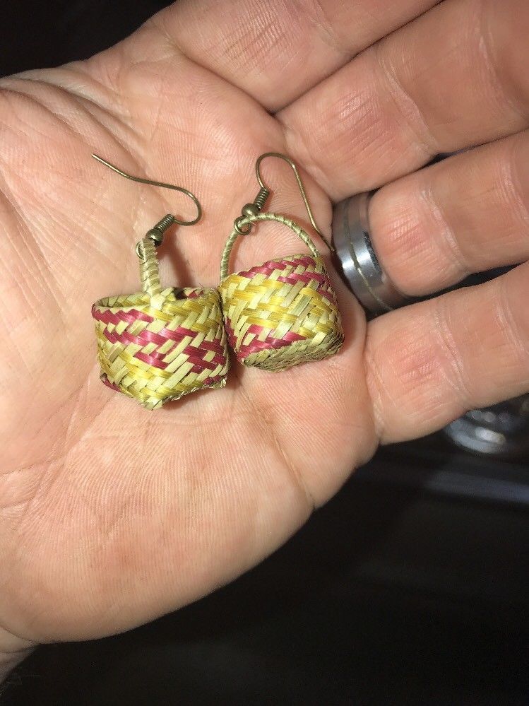 Handmade Choctaw Indian Miniature Double Weave Rivercane Basket Earrings