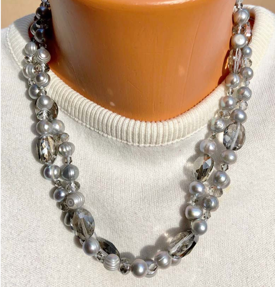 On Sale Multi Colored White Faux Pearl and Gray Bead Silver and Gold Toned Triple Strand Long 34 inch Necklace Costume Jewelry Fashion Acce