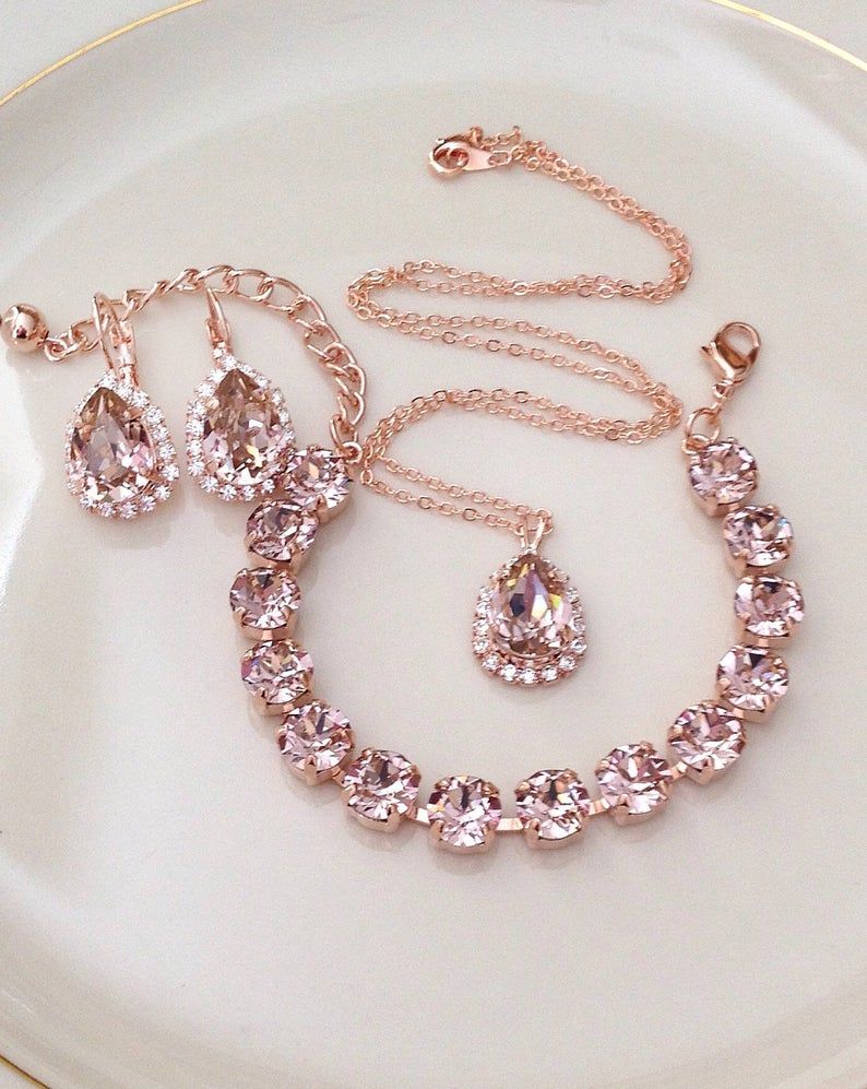 THE SET: Bracelet Earrings Necklace Swarovski morganite | Etsy