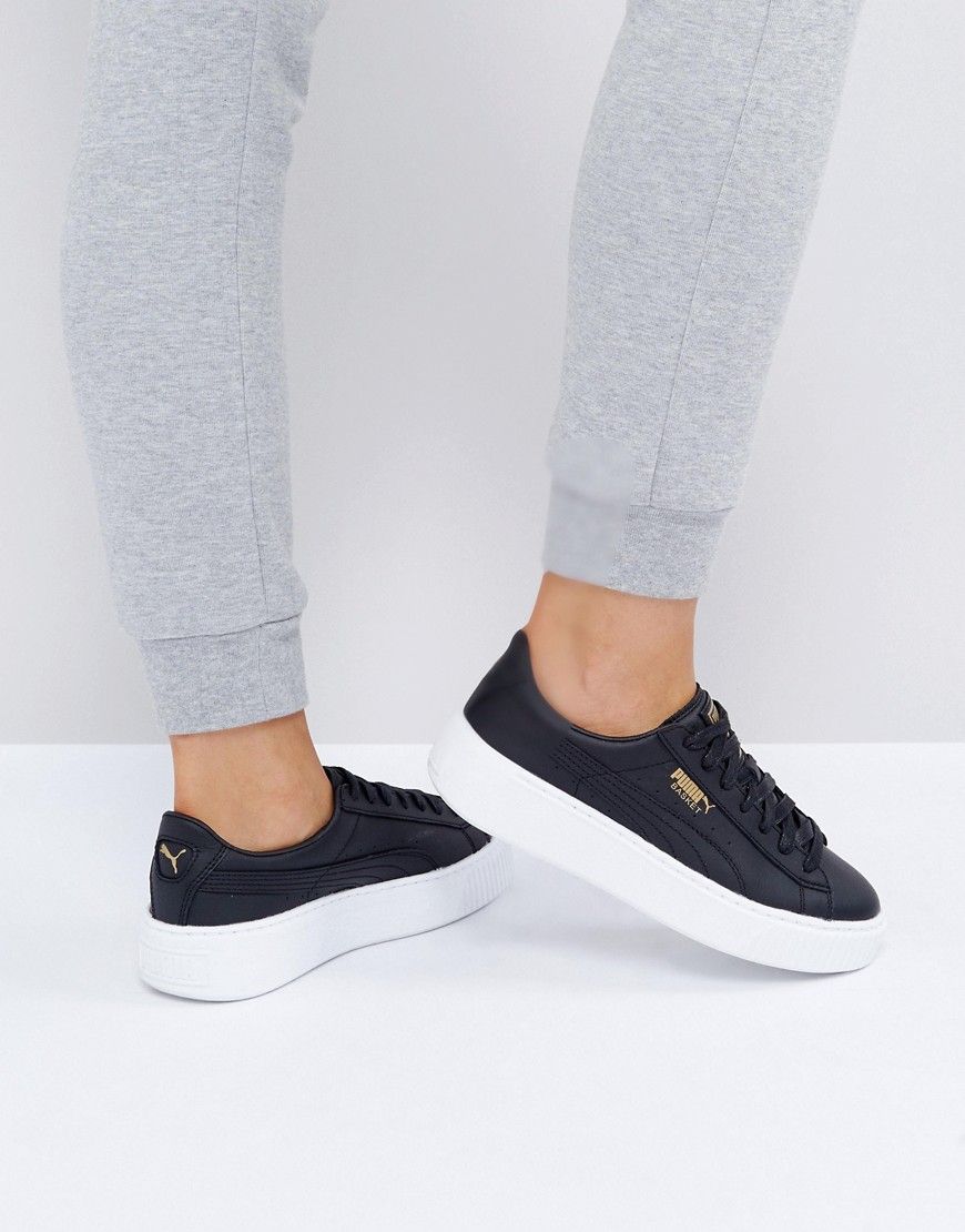 puma leather basket platform sneakers in black