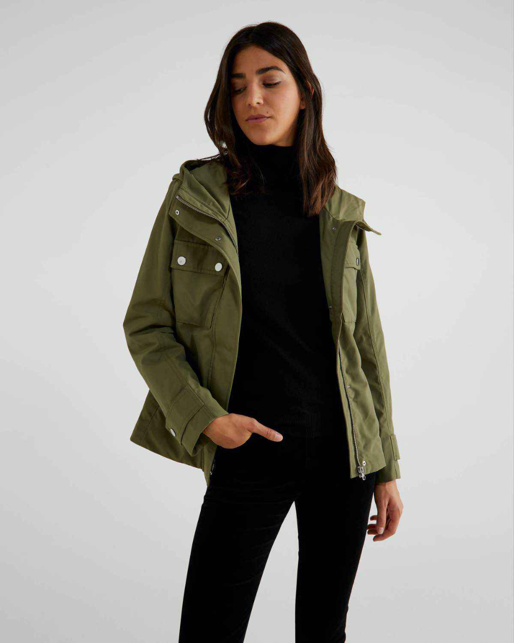 Mevsimlik Mont Haki Benetton Giacca Con Cappuccio Benetton Cappotti