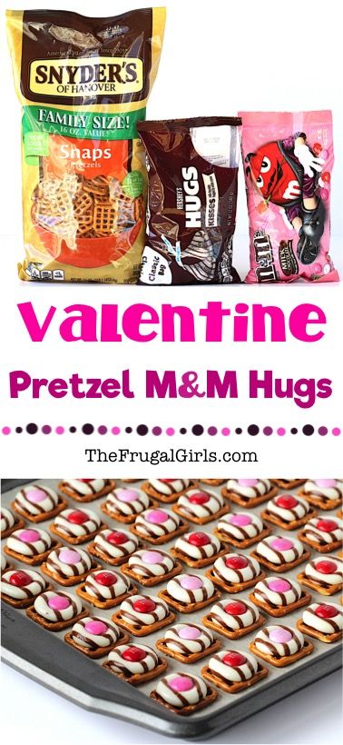 Valentines Day Dessert - 3 Ingredient Pretzel Treats Recipe! Go grab some Hershey Hugs and M&Ms... your family and guests will crazy over these easy little Pretzel Hugs, perfect to share on Valentine's Day! | TheFrugalGirls.com Valentines Treats Easy, Valentines Baking, Valentines Day Dinner, Valentines Day Desserts, Easy Treats, Holiday Treats, Holiday Recipes, Kids Valentines, Sweet Treats