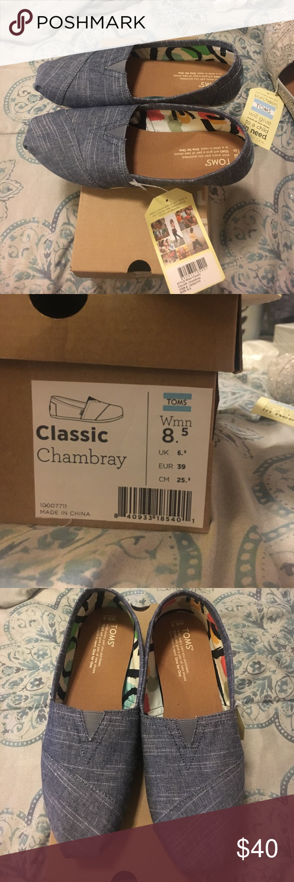 Brand new TOMS, still in box. Brand new, still in box. Classic Chambray