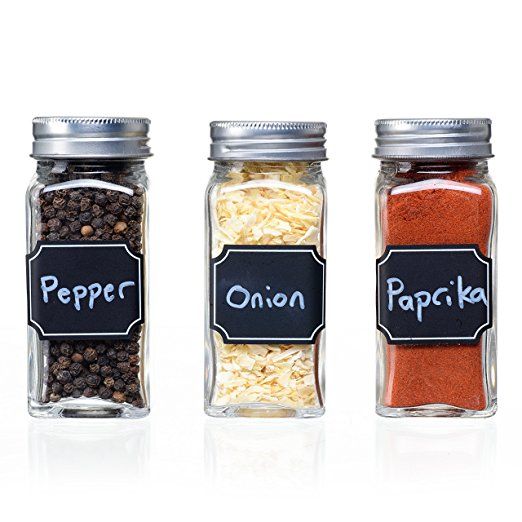Set of 12 Square Glass Spice Jars with Shaker Tops, Chalkboard Labels & Pen, and Airtight Silver ...