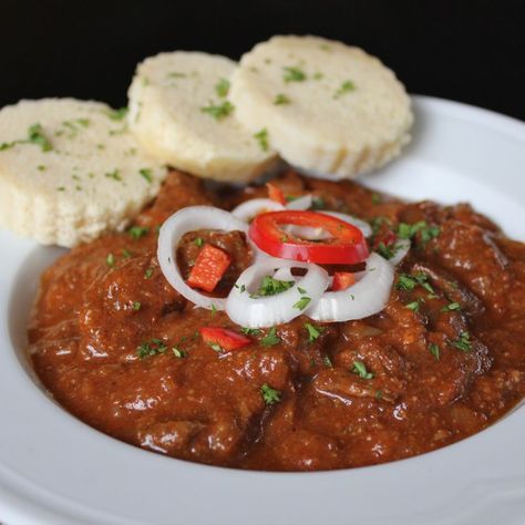Czech Guláš served with Knedlicky (dumplings) #czechrecipes