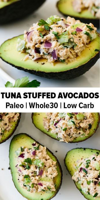 Tuna stuffed avocados are a delicious low-carb, keto, Whole30 and paleo-friendly lunch or snack recipe. A simple combination of tuna salad and avocados makes for a healthy lunch recipe. #stuffedavocados #whole30recipes #lowcarb #keto #paleo Avocado Recipes Healthy, Healthy Protein, Healthy Meal Prep, Healthy Dinner, Vegetarian Recipes, Healthy Eating, Cooking Recipes, Healthy Fats, Clean Eating