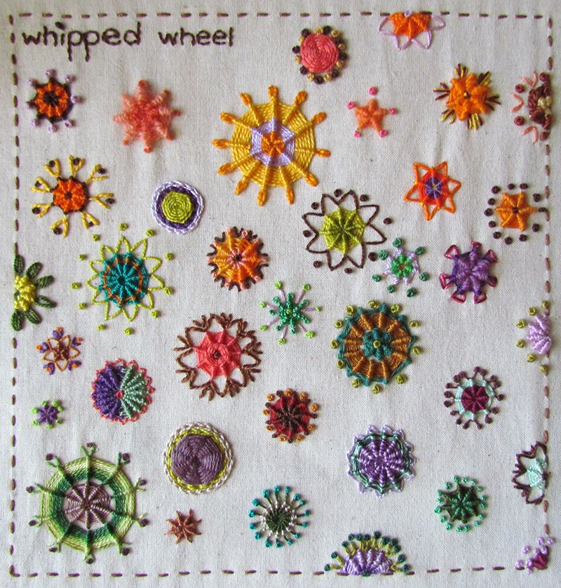 Embroidered whipped wheel sampler for the Take a Stitch on Tuesday challenge. Retro inspired spot motifs with whipped wheel centres in wools and cottons. French Knot Embroidery, Sashiko Embroidery, Embroidery Sampler, Felt Embroidery, Creative Embroidery, Simple Embroidery, Flower Embroidery Designs, Cross Stitch Embroidery, Hand Embroidery Videos