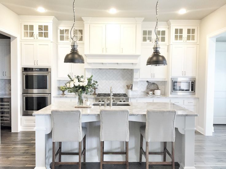 Walls are Sherwin Williams SW 7015 Repose Gray white cabinet color is SW Pure W - Microwave Oven - Ideas of Microwave Oven #MicrowaveOven - Walls are Sherwin Williams SW 7015 Repose Gray white cabinet color is SW Pure White countertop is Superwhite Quartzite single bowl stainless sink double oven microwave placement cabinets to ceiling glass top Shaker style cabinets white 3 x 6 marble tile backsplash wood and doors on hood 98 island #purewhite