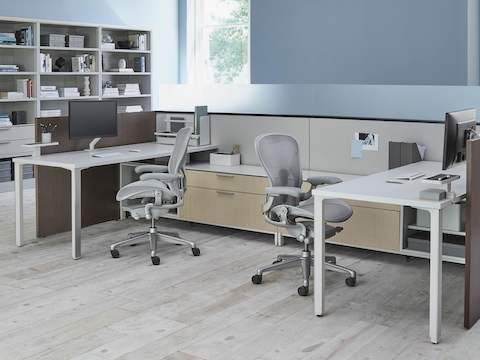 Two Light Gray Aeron Ergonomic Office Chairs In A Shared Canvas Two Light Gray Aeron Ergonomic Office Chairs In A Shared Canvas Landscape Worke With Bookshelves