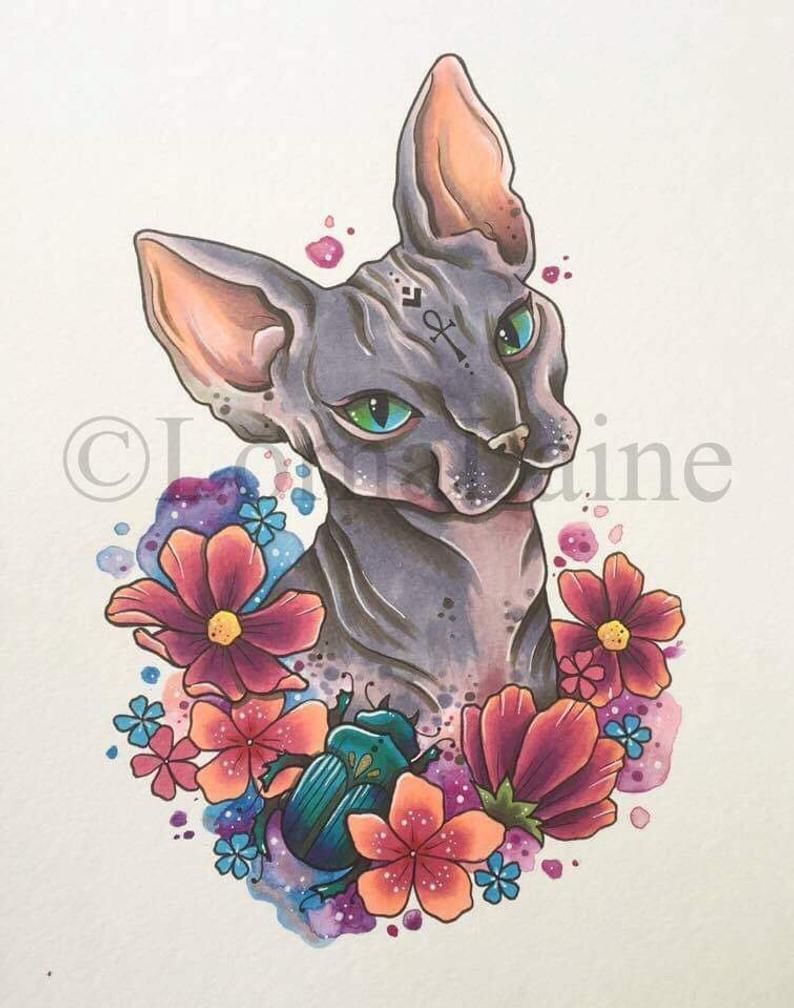 Sphynx cat tattoo print, tattoo design, hairless cat, gifts for cat