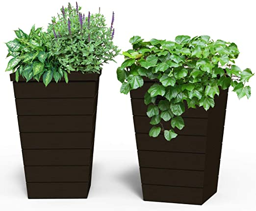 Com Keter Set Of 2 Resin Modern Outdoor Tall And Large Flower Drainage Tapered Wood Look Balcony Planters Front Porch Decorating Balcony Planters, Tall Large Outdoor Planters Resin