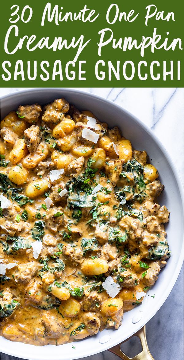 This Creamy Pumpkin and Sausage Gnocchi Recipe is an easy 30 minute dinner. Using premade gnocchi, pumpkin, kale and sausage makes this a hearty and flavorful one pan dinner for any night of the week. | Easy dinner recipe | Italian food | gnocchi recipe | easy gnocchi | sauce for gnocchi | olive garden copycat Pumpkin Recipes Easy Dinner, Gnocchi Recipes Easy, Savory Pumpkin Recipes, Fall Recipes, Pasta Dishes, Food Dishes, One Pot Meals, Easy Meals, Pumpkin Sausage
