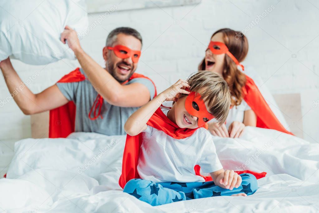 Happy Family Costumes Superheroes Fighting Pillow Bed Stock