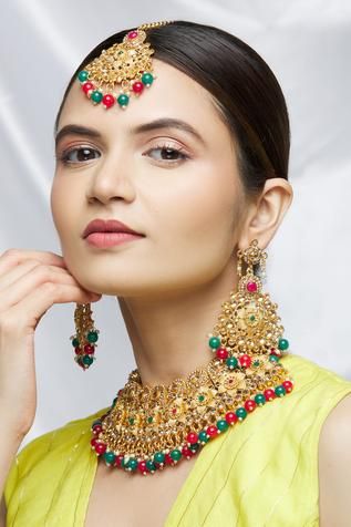 Shop for Nayaab by Aleezeh Floral Motif Choker Jewellery Set Online at Aza Fashions Jewelry Set, Crown Jewelry, Jewellery, Floral Motif, Chokers, Drop Earrings, Shop, Products, Schmuck