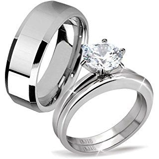 His Hers Stainless Steel Men S Band Women Cubic Zirconia Round Cut His Hers Stainless Steel Men S Band Women Cubic Zirconia Round Cut Wedding Engagement Ring Set