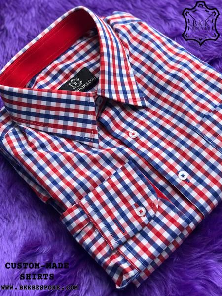 Famous Red-Blue Checkered Shirt with Red ICIC - Silver Quality – BKK Bespoke | Tailor in Bangkok, Singapore, USA by Appointment Blue Checkered Shirt, Bespoke Shirts, Bespoke Tailoring, Workout Shirts, Red And Blue, Cotton Fabric, Famous, Shirt Dress, Bangkok